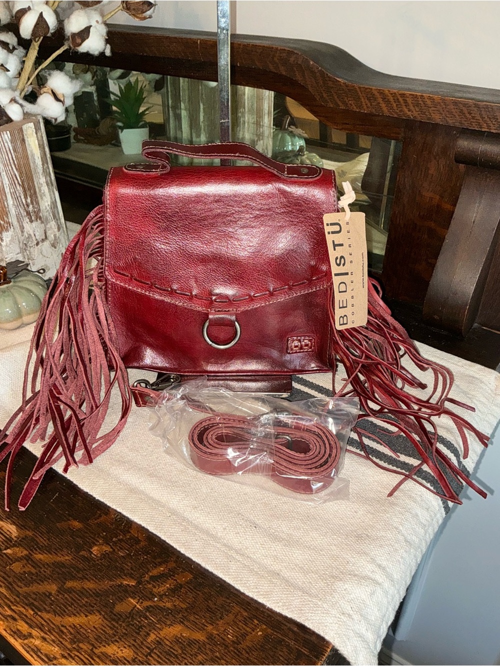 NWT Bed Stu Fringe Leather Hidden Crossbody Bag Handbag Cherry Lacquer MSRP $249